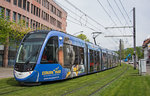 VAG Freiburg CAF Urbos 3 305 mit einer passenden WErbung für den Europa Park in Rüst hier als Linie 3 in der Basler Straße, 22.04.2016