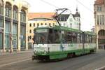 Görlitz am 10.12.2016: Tram 313 fährt am Deminaniplatz in Richtung Königshufen ab.