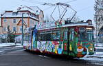 Fahrt der Historischen Strassenbahn am 01. Dezember 2023 des Halberstädter Verkehrs-GmbH ·HVG· am Hauptbahhof.