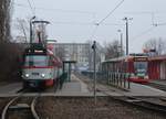 01.02.2017, Halle (Saale), Trotha, Tatra T4DC #1156 + T4DC #1221 + B4DC #222 und Duewag MGT6D #607 warten auf Abfahrt.