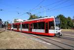 MGT-K (Bombardier Flexity Classic), Wagen 683 und Wagen 684, der Halleschen Verkehrs-AG (HAVAG) als Linie 10 von Göttinger Bogen nach Hauptbahnhof verlassen die Haltestelle Saline.