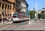 Tatra T4D-C, Wagen 1156 und 1???, mit Beiwagen Tatra B4D-C der Halleschen Verkehrs-AG (HAVAG) als Linie 3 von Beesen nach Trotha stehen in der Haltestelle Am Leipziger Turm.