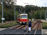 50 Jahre Tatrawagen in Halle (Saale)
Anlässlich ihrer 50-jährigen Betriebszugehörigkeit im halleschen Straßenbahnnetz verkehren alle vorhandenen Tatrawagen und deren Umbauten der Halleschen Straßenbahnfreunde e.V. (HSF) und der Halleschen Verkehrs-AG (HAVAG) an diesem Samstag auf der Sonderlinie 50 zwischen Riebeckplatz und Kröllwitz. Zuvor fand am Vormittag ein Fahrzeugkorso im Stadtgebiet von Halle statt.
Hier erreicht Tatra T4D, Wagen 901 mit Beiwagen 101, der HSF die Endhaltestelle Kröllwitz auf Gleis C. Eine ältere Dame war der Annahme, die Tram wechselt auf Höhe der Weiche nicht das Gleis, und setzt mit ihrem Rollator ein Stück zurück.
[7.9.2019 | 15:07 Uhr]