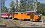 Wiedersehen macht Freude:  Das Arbeitsfahrzeug Tatra T4D-C (Wagen 035) fährt mit dem Fahrschulwagen (Wagen 985), von Halle-Neustadt kommend, Richtung Halle-Kröllwitz.