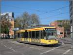 Niederflur-Tw 243 auf der Linie 2 nach Wolfartsweier, aufgenommen am 03.05.2008. Die Straenbahn benutzt hier wegen Bauarbeiten am Durlacher Tor eine Ausweichstrecke. 