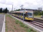 4 bereitgestellte Niederflurwagen an der Neuen Messe in Forchheim.  Wegen der Tour de France mit dem Ziel in Karlsruhe mussten am Freitag, den 08.07.2005 im Bereich des Westnetzes des Liniennetzes einige Umleitungen eingerichtet werden.