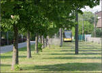 Durch die Grünzone - 

Die am 12. Juni 2004 eröffnete Neubaustrecke nach Wolfartsweier wurde im Wohngebiet Aue geschickt in eine Grünzone eingefügt. Aufnahme nahe der Haltestelle Schlesierstraße, 

06.05.2006 (M)