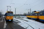 Zwei leipziger Tatra Straßenbahnen in der Schleife Lausen (Linie 1). Die Aufnahme stammt vom 20.01.2016.