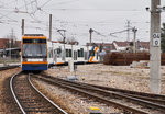 Nachschuss vom rnv-Tramwagen 1031 als Linie 4 (Oggersheim Endstelle - Heddesheim Bahnhof), am 19.3.2016 bei der Ausfahrt aus dem Bahnhof Käfertal.