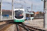 Nachschuss vom rnv-Tramwagen 2220 als Linie 4 (Bad Dürkheim Bahnhof - Heddesheim Bahnhof), bei der Ausfahrt aus dem Bahnhof Käfertal.