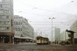 Magdeburg, Breiter Weg, an einem wenig sonnigen Tag, im Oktober 1969. Es hlt momentan eine Straenbahn der Linie 10 am Centrum-
Kaufhaus. (Heute Karstadt)Das Negativ hat schon ein wenig gelitten!
 