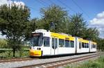 Straßenbahn Mainz / Mainzelbahn: Adtranz GT6M-ZR der MVG Mainz - Wagen 213, aufgenommen im August 2017 bei der Bergfahrt zwischen Mainz-Lerchenberg und Mainz-Marienborn.