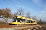 Straßenbahn Mainz / Mainzelbahn: Stadler Rail Variobahn der MVG Mainz - Wagen 218, aufgenommen im Dezember 2016 zwischen Mainz-Lerchenberg und Mainz-Marienborn.