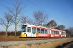 Straßenbahn Mainz / Mainzelbahn: Adtranz GT6M-ZR der MVG Mainz - Wagen 202, aufgenommen im Dezember 2016 zwischen Mainz-Lerchenberg und Mainz-Marienborn.