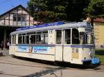 Der Gothaer Triebwagen 37 (Baujahr 1955, Spurweite 1000mm )der Naumburger Straenbahn wartet vor dem Depot auf Abfahrt.