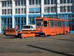 Tatra T6 Wagen 551 als Neue Arbeitstram stand am 03.03.10   endlich vor der Wagenhalle Rostock-Straenbahn AG