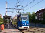 Tatra T6A2 Nr.804 der RSAG Rostock an der Haltestelle Heinrich-Schtz-Strae als Einrcker zum Betriebshof unterwegs