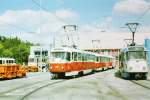 Schwerin 2003, Traditions-Tatra-Straenbahn-Wagenzug T3D / B3D Tw 417 - Tw 418 - Bw 359 im Betriebshof des Nahverkehrs
