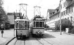 SSB Stuttgart__50 Jahre Straßenbahn (Linie 1) nach Fellbach 05.05.1929 / 05.05.1979. GT4 405 mit BTw neben Jubiläumszug mit Tw 418 in der Endschleife Fellbach.