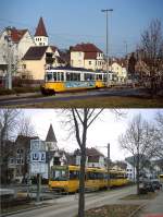 Einst & Jetzt in Stuttgart-Botnang: Oben fährt ein Zug der Linie 4 am 01.05.1993 in die Endschleife ein, unten verläßt ein Zug der Linie U 2 am 02.04.2013 die heutige Endstelle
