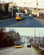 Zwei unterschiedliche Verkehrsmittel sind hier auf der Herderstraße Richtung Botnanger Sattel unterwegs: Oben fährt der GT4 435 mit einem weiteren GT4 Anfang der 1990er Jahre als Linie 4 nach Botnang, unten ist ein Gelenkbus der Linie 40 am 02.04.2013 auf dem Weg zur  Wagenburgstraße, ganz rechts ist die Stadtbahntrasse nach Botnang erkennbar