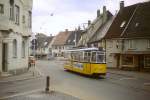 Im Februar 1985 ist Tw 9 der Ulmer Straßenbahn in Söflingen unterwegs. Diese Fahrzeuge vom Typ GRW4 wurden 1958 von der Maschinenfabrik Esslingen gebaut und standen bis 1986 im Einsatz.