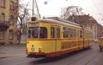 1975 erwarb die Würzburger Straßenbahn zwölf Zweirichtungs-Sechsachser von der Hagener Straßenbahn, die als GT-H 270-281 eingereiht wurden, hier GT-H 274 als Werkfahrt im Frühjahr 1979