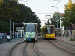 Linie 4 - Treffen von Wagen 221 (Tatra KT4Dm) und Wagen 307 (GT6M) der SVF Frankfurt (Oder) an der Haltestelle  Hauptbahnhof .

Frankfurt (Oder), der 16.09.2023