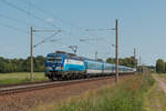 193 293  Franticek  der ELL Leasing, vermietet an die Tschechische Bahn, mit dem EC 176 (Praha hl.n. - Hamburg-Altona über Berlin) am 23.06.2019 in Dersenow. 