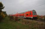 Hier ein RE3 (RE18346) von Elsterwerda nach Schwedt(Oder) Hbf., bei der Einfahrt am 11.10.2013 in Schwedt(Oder) Hbf.