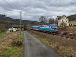 193 296, welche von der Tschechischen Bahn geleast wurde, zog am 03.01.2024 EC 174  Berliner  von Prag nach Flensburg. Hier befand sich der Zug im Rathener Ortsteil Strand.