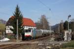 Railpool 186 103 im Dienst der Rurtalbahn mit einem Kesselwagenzug am B Strand im Elbtal. Die Fahrt ging in Richtung Tschechien. Fotografiert am 06.03.2013.