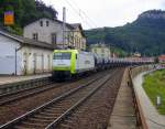 145 095-6 von Captrain kommt durch Königstein(Sächsische Schweiz) mit einem langen Kesselzug aus Dresden-Friedrichstadt-(Gbf) nach Bad-Schandau(D)
und fährt in Richtung Bad-Schandau(D),Krippen(D),Schöna(D),Decin(CZ). 
Aufgenommen vom Bahnhof von Königstein(Sächsische Schweiz). 
Bei Sommerwetter am Nachmittag vom 17.7.2015.