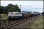 140535 ist hier mit einem VW Autotransportzug nach Emden am 22.08.1998 um 17.54 Uhr in Westerkappeln-Velpe unterwegs.