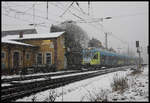 Winter im Bahnhof Natrup Hagen. Der Zug der Eurobahn verläßt hier am 17.1.2018 den Bahnhof in Richtung Osnabrück.