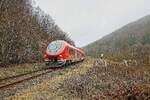 633 108 passiert als RE 57 nach Winterberg die ehemalige Ladestelle der Mitteldeutschen Hartstein-Industrie in Steinhelle (22.01.2022)