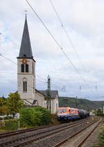 185 685 (Hör das Signal, Berlin)mit Kesselwagen in Richtung Koblenz.(Boppard 7.10.2020).