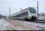 Nachschuss auf 1442 627 und 1442 601 (Bombardier Talent 2) der S-Bahn Mitteldeutschland (DB Regio Südost) als S 37320 (S3) von Leipzig-Connewitz nach Halle-Trotha, die bei Kanena-Bruckdorf auf der Bahnstrecke Magdeburg–Leipzig (KBS 340) fahren. [4.2.2018 | 9:36 Uhr]