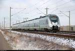 Nachschuss auf 1442 210 und 1442 209 (Bombardier Talent 2) der S-Bahn Mitteldeutschland (DB Regio Südost) als S 37326 (S3) von Leipzig-Connewitz nach Halle(Saale)Hbf, die bei Benndorf, An der Reichsbahn, auf der Bahnstrecke Magdeburg–Leipzig (KBS 340) fahren. [4.2.2018 | 11:02 Uhr]