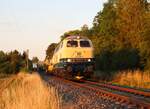 218 488-5 (RP) fuhr am 04.08.22 mit einem Bauzug im Sonnenuntergang durch Oppurg Richtung Saalfeld.