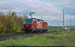 Nachschuss auf 1293 181-4 (Siemens Vectron), die als Tfzf am km 12,5 bei Spergau Richtung Großkorbetha rollt.