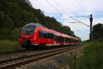 442 780 (Bombardier Talent 2) des Mittelhessen-Express (DB Regio) hat sich in Schale geworfen und fährt bei Burgwerben auf der Bahnstrecke Halle–Bebra (KBS 580) Richtung Erfurt. [8.8.2017 - 12:17 Uhr]