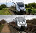 Vergleichsbild von zwei 9442 (Bombardier Talent 2) von Abellio Rail Mitteldeutschland zwischen Sommer 2017 und Winter 2018:  Oben 9442 614 als RB 74770 (RB75) von Eilenburg nach Röblingen am See,