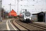 Nachschuss auf 9442 613 (Bombardier Talent 2) von Abellio Rail Mitteldeutschland als RB 74781 (RB75) von Lutherstadt Eisleben nach Halle(Saale)Hbf, die den Bahnhof Angersdorf auf der Bahnstrecke Halle–Hann. Münden (KBS 590) verlässt. [8.2.2018 | 15:17 Uhr]