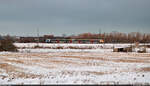 9442 603 (Bombardier Talent 2) mit den Namen  Thomas Müntzer  und  Martin Luther  ist am schneebedeckten Roßgraben westlich von Angersdorf unterwegs.