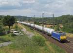 146 519-4 von RBB / Captrain ist am 12. August 2013 mit einem Kesselwagenzug bei Seebergen in Richtung Erfurt unterwegs.