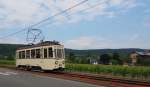 Dampfspektakel 2014 - nebst all den Dampflokomotiven fuhren auch historische Fahrzeuge auf anderen Strecken. Nebst einem Postbus fuhr auch der alte TW 1122 der RNV zwischen Bad Dürkheim und Ellerstadt.

Hier ist er auf dem Weg nach Ellerstadt. Im Hintergrund die Saline der Stadt Bad Dürkheim.
Bad Dürkheim, der 01.06.2014