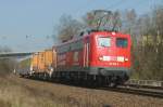 110 169-0 der Bahntechnik ist mit einem Containertestwagen und einem Messwagen am 28.03.2012 bei Kaiserslautern-Pfaffwerk