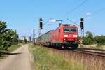 Am 20.06.2018 ist 185 184 mit einem KLV Zug bei Waghäusel in Richtung Süden unterwegs.