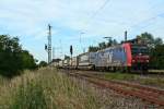 482 028-8 mit einem KLV-Zug in Richtung der Schweiz am Abend des 06.06.14 im nrdlichen Teil des Bahnhofs Orschweier.